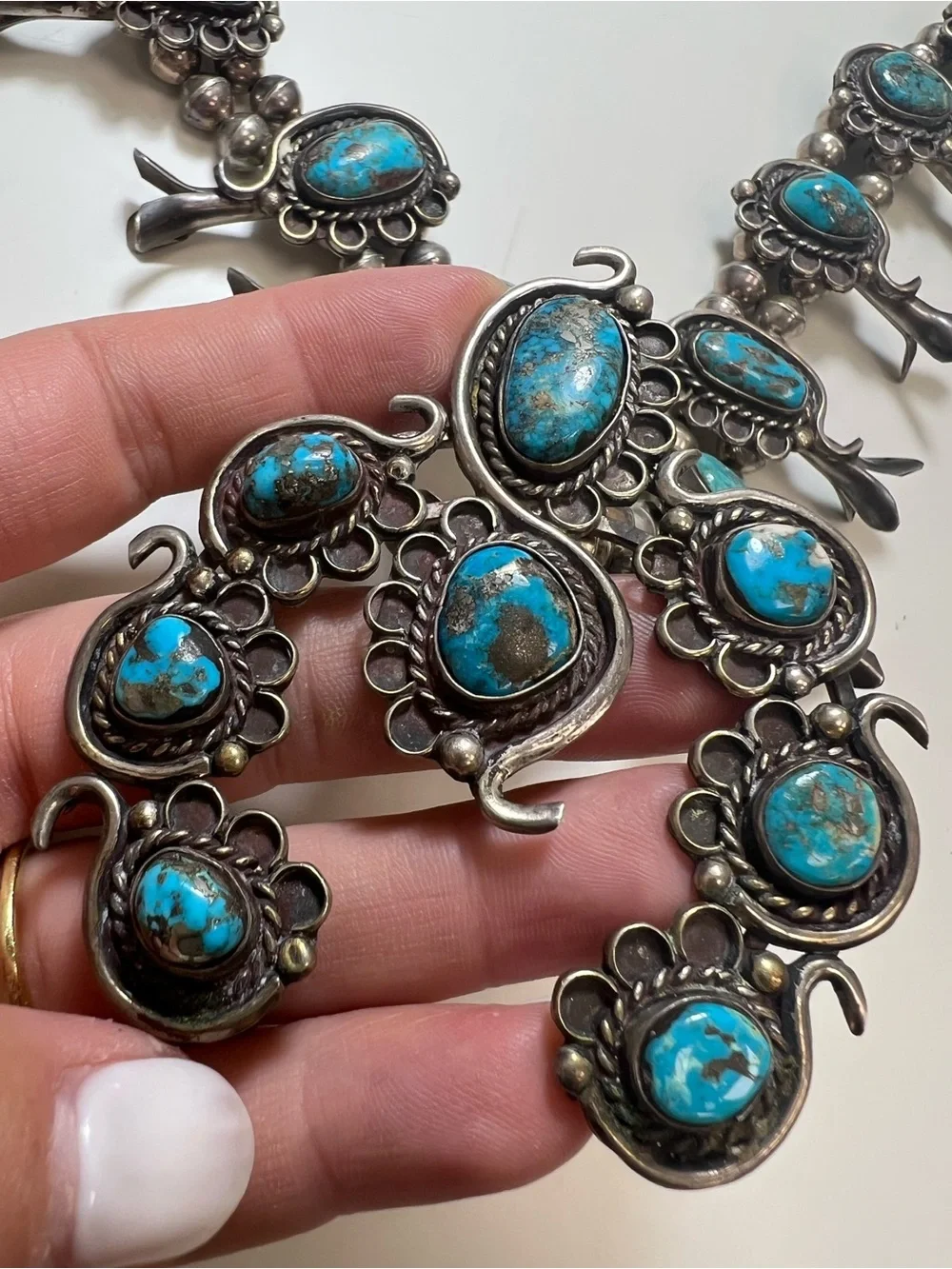 Sterling Silver Turquoise Squash Blossom Necklace - Picture 4 of 15